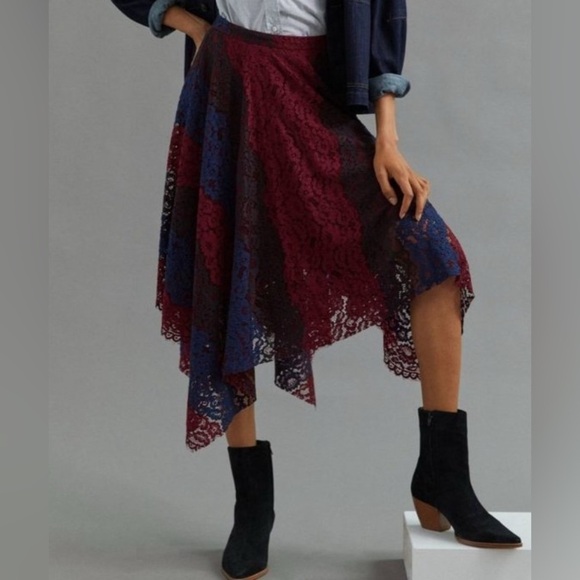 Anthro Sachin & Babi Lace Handkerchief Asymmetric Midi Skirt size 14 Red Blue - Picture 2 of 7